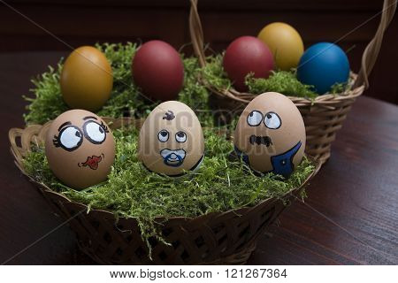 Easter  Egg Face Family In Wicker Basket