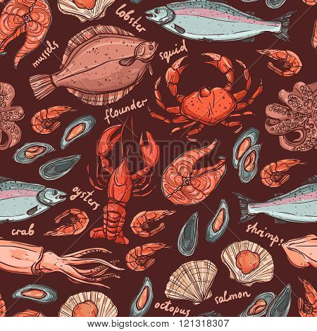 Pattern with seafood hand drawn color elements on dark background with lobster, octopus, squid, salmon, flounder, crab, mussels, oysters and shrimps