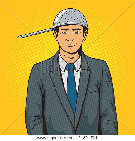 Man with strainer on head pop art style vector