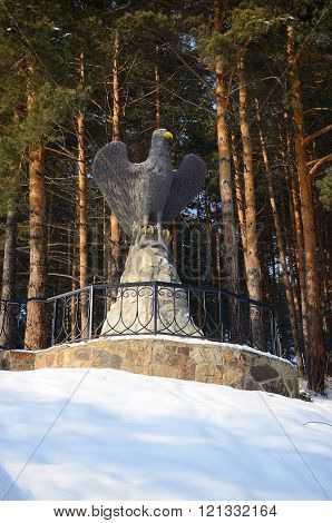 Belokurikha/Russia - January 2016: Eagle sculpture behind 