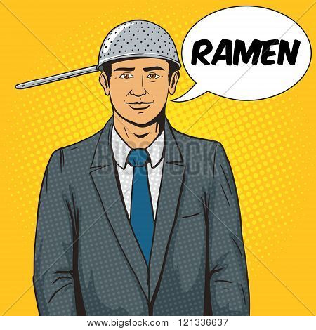 Man with strainer on head pop art style vector