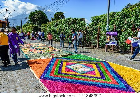 Street Of Colorful Lent Carpets & Volcano, Antigua, Guatemala