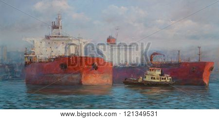 Tanker ships classic handmade  painting