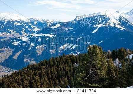View of mountains in the spring with some snow on the peaks