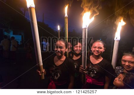 UBUD, BALI - MAR 8, 2016: Unidentified people during the celebration before Nyepi - Balinese Day of Silence. Day Nyepi is also celebrated as New Year - according Balinese calendar now came 1938 year.