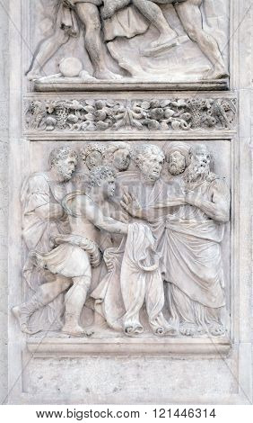 BOLOGNA, ITALY - JUNE 04: The brothers show Joseph's clothes to Jacob, panel by Girolamo da Trevisio on the right door of San Petronio Basilica in Bologna, Italy, on June 04, 2015
