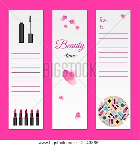 Set Of Beauty Style Gift Cards With Lipstick,mascara. Stock Vector Illustration