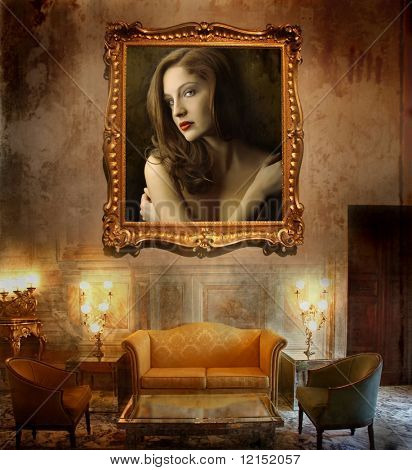un intérieur de luxe avec un portrait de femme