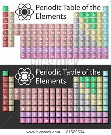 Flat design periodic table of the chemical elements on a white-black  background. Isolated on background. Elements in