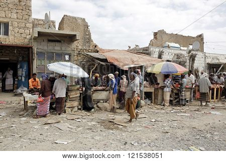 HADIBOH, SOCOTRA ARCHIPELAGO, YEMEN - FEB 14, 2016: Local market in the main town on the Socotra island