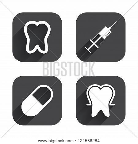 Tooth enamel icons. Medical syringe and pill.