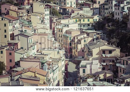 Riomaggiore, Italy - 05 March, 2016 :people Walking On The Street Of Riomaggiore Village In Italy. R