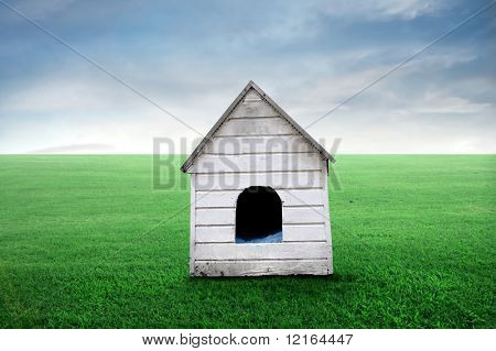 Cuccia in legno su un prato verde