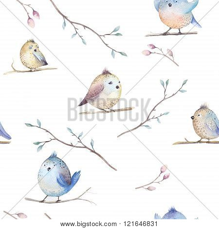 Watercolor  Spring  Rustic Pattern With Nest, Birds, Branch,tree