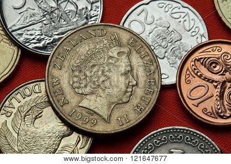 Coins of New Zealand. Queen Elizabeth II depicted in the New Zealand two dollars coin.