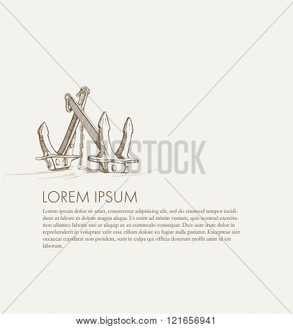 Anchor. Hand drawn illustrations. In engraving style on brawn color. Drawn in ink and pen. Can be used for your design booklet, book or other printing products.