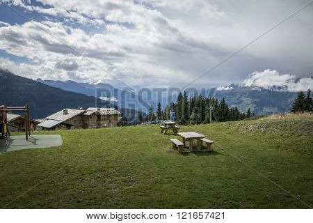 LA ROSIERE, FRANCE, 14 SEPTEMBER 2015 - View from a picnic area in the Alps in Roisiere, France