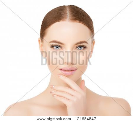 Beautiful woman face close up studio on white Beauty spa model female, clean fresh perfect  skin closeup Youth care concept Portrait girl looking at camera, smiling. Cosmetology, manicure nails, hands