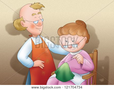 The shoemaker and his wife decide to make clothes for the elves. Illustration for the folktale the elves and the shoemaker.