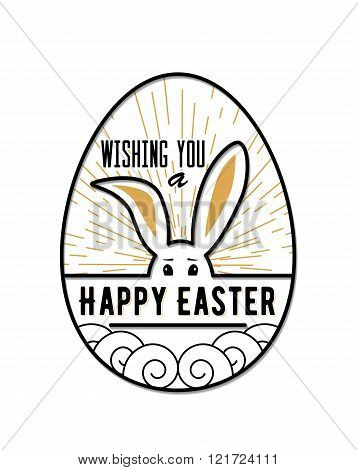 Easters Egg, rays, clouds and bunny with handwritten Happy Easter