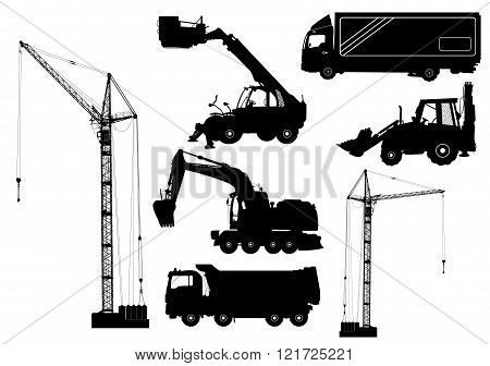 Construction Equipment: Trucks, Excavator, Bulldozer, Elevator, Cranes. Detailed Silhouettes Of Cons