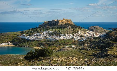 Beautiful landscape with Lindos town on the slope of a hill