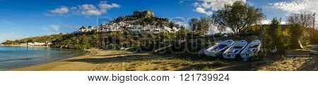 Beautiful landscape with Lindos town on the slope of a hill