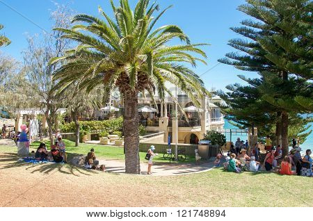COTTESLOE,WA,AUSTRALIA-MARCH 13,2016: Palm Trees and Norfolk Pines with The Indiana Tea House and people relaxing at Cottesloe Beach in Cottesloe, Western Australia.