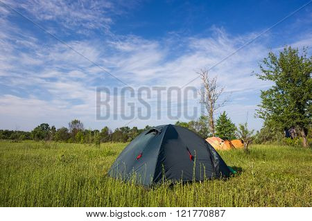 Tent camp in sunny morning lights. Beautiful sammer nature