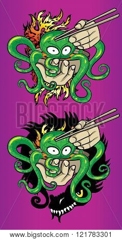 asian exotic octopus soup detail chopstics illustration