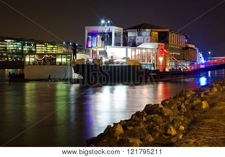 BUDAPEST HUNGARY - DECEMBER 11 2015: A38 is a concert boat on river Danube in Budapest