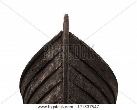 Front view of an old fishing wood boat with rusted nails isolated on white background