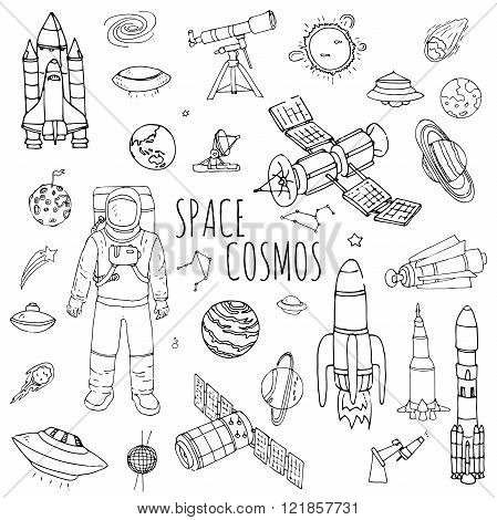 Hand drawn doodle Space and Cosmos set Vector illustration Universe icons Space concept elements Rocket Space ship symbols collection Solar system Planets Galaxy Milky Way Astronaut Tech freehand icon
