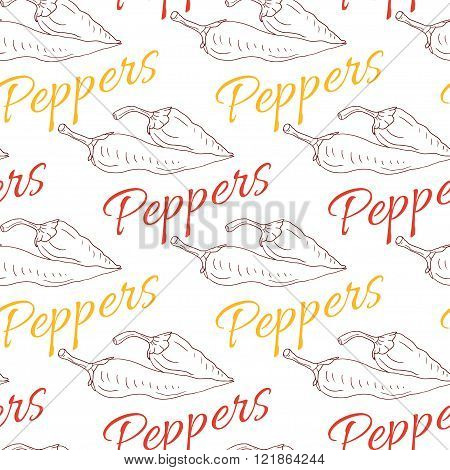 Red hot chili pepper sketch drawing illustration. Seamless pattern. Spicy background.