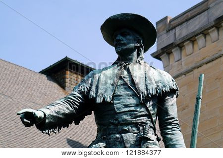 This statue of Louis Joliet, sculpted by Sigvald Asbjornsen, was erected in its present place in front of the Joliet Public Library in 1903.
