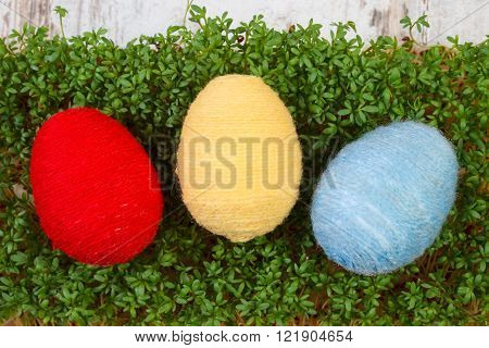 Easter eggs wrapped woolen string and fresh green cuckooflower cress decoration for Easter