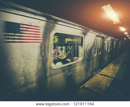 New York subway train moving through station with vintage filter effect