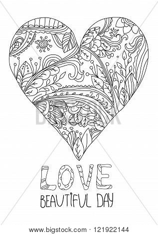 monochromatic decorative pattern with drawn heart line branches with flowers and leaves and the inscription doubly and beautiful day on white background