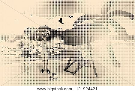 Sea landscape summer beach palm tree sun umbrellas beach beds. Couple man and woman in swimsuit on background seascape. Vector flat illustration halftone dots style on yellow background