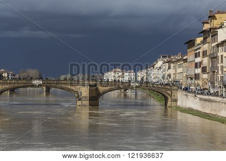 Florence, Italy - March 07: Ponte Santa Trinita Bridge Over The Arno River Shown On March 07, 2016 I