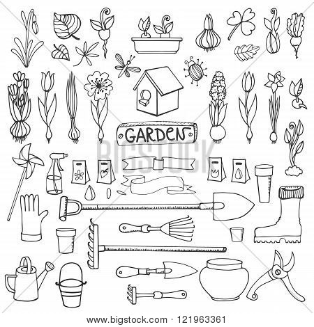 Spring garden set.Hand drawn flowers, bulb, garden tool, boarding equipment.Vector garden sketch elements.Spring Gardening isolated icon set, planting spring symbols, seedlings, vintage vector elements