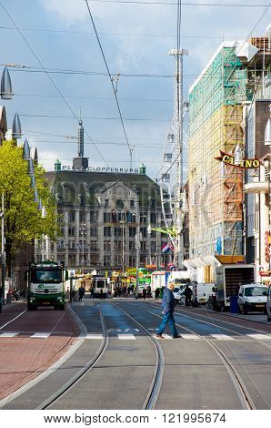 AMSTERDAM-APRIL 30: Rokin street Dam Square is visible in the background on April 302015 in Amsterdam the Netherlands. Rokin is a major street in Amsterdam the Netherlands.