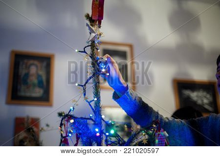 Daughter Decorate Christmas Tree