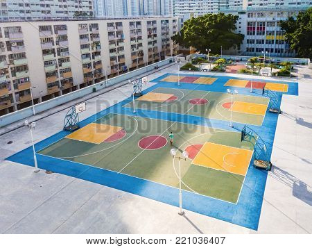 Famous colorful Choi Hung Play court empty from people except one