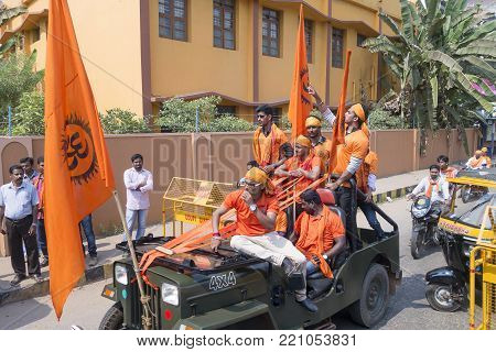 DELHI, INDIA - March 9, 2015: The young generation of a part of the electorate of India demonstrating the support of the Narendra Modi's Party in Karnataka, Udupi