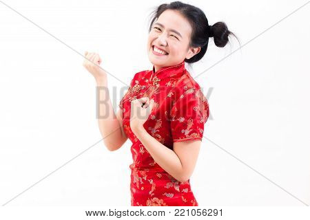 Asian Woman Wearing Chinese Dress Cheongsam With Gesture Of Congratulation, Bring The Hands Together