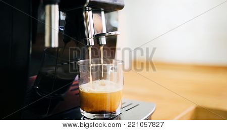 Coffee Machine Making Coffee In Morning With Crema