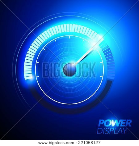 vector illustration of blue abstract car fuel power speedometer pushing to limit with cool engery glow effects.