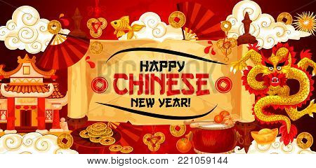 Chinese lunar New Year greeting banner of wish text on paper scroll and golden dragon with traditional ornaments and decorations. Vector fireworks and clouds, Chinese golden coins, drum and temple