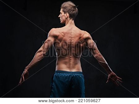Studio portrait of ectomorph muscle shirtless male over dark grey background. Back view.